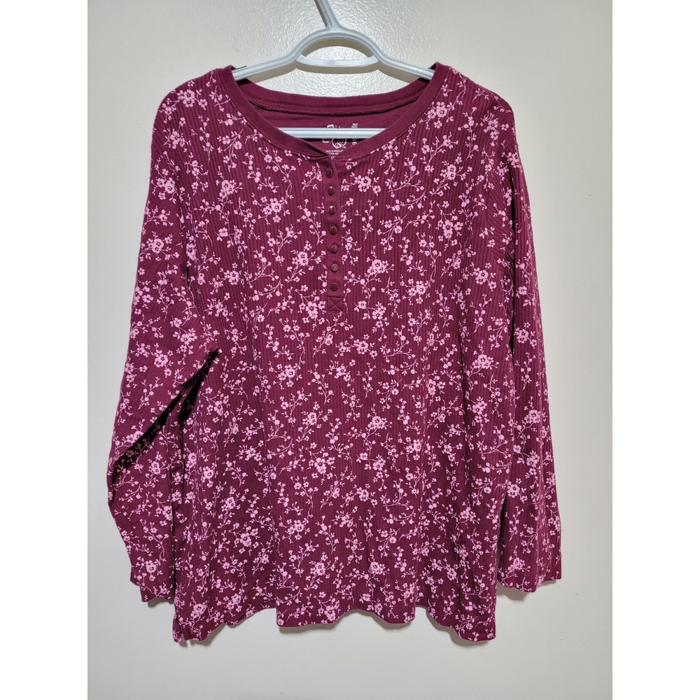 Just My Size Henley Top Womens 22/24W Burgundy Floral Ribbed‎ Long Sleeve